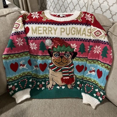Merry Pugmas 圣诞毛衣 M 码红色 Pug Puppy 狗丑陋圣诞毛衣 — 第 1/4 张图片