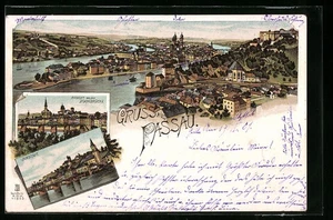 Lithographie Passau, Ansicht von der Donaubrücke, Innstadt und Panorama 1901  - Picture 1 of 2