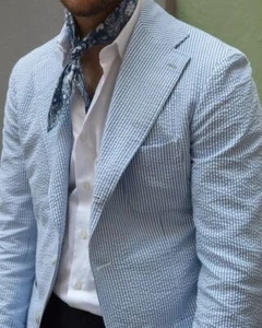 Herren Seersucker Sportmantel blau Sommer Freizeitjacke Freizeit Abschlussballanzug Blazer - Bild 1 von 10