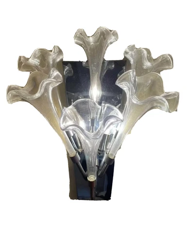 PAIR VINTAGE MURANO Lily Orchid Flower Wall Sconces Chrome Art Glass Sputnik Cover