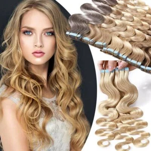 Thick BodyWave Russian Tape In Real Human Hair Extensions Skin Weft Blonde 20pcs - Picture 1 of 42