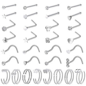 40pcs 316L Stainless Steel Nose Rings Stud Nose Lip Hoops Screw Piercing Jewelry