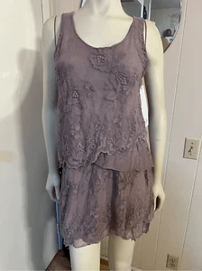 NWT Cate & Cate made in Italy Layered Look Sleeveless Silk & Cotton Mauve Lace M - Picture 1 of 10