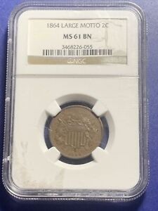 1864 2 cent piece large motto NGC MS61 BN