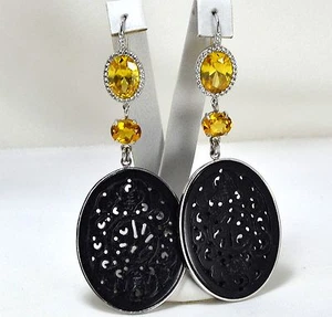 ORECCHINI IN ARGENTO 925 CON CITRINO OVALE GIADA NERA E ZIRCONI AGHT 0601 - Foto 1 di 3