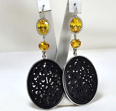 ORECCHINI IN ARGENTO 925 CON CITRINO OVALE GIADA NERA E ZIRCONI AGHT 0601 - Immagine 1 di 3