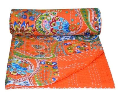 Indian Handmade King Size Cotton Kantha Quilt Throw Paisley Print Orange Blanket - Image 1 of 4