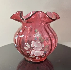 Fenton Squat Cranberry Vase Hand Painted Floral Artist Signed UV Reactive Glow - Picture 1 of 11