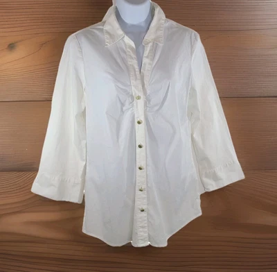 Белая блузка Dana Buchman размер 12 собранные плиссированные золотые пуговицы шикарный топ - Изображение 1 из 4