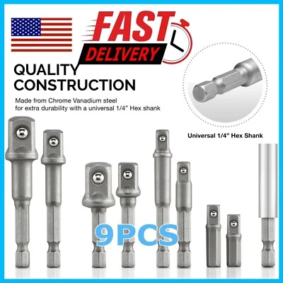 MINIDUINO 9Pcs Socket Adapter Drill Bits Set Hex Impact Driver Tools 1/4" 3/8" 1/2" Shank