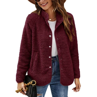Women Loose Fleece Long Sleeve Coat Autumn Winter Jacket Button Outerwear+ - Image 1 of 4