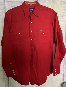 Neu ohne Etikett Vintage Wrangler rot Denim Perlen Druckknopf Westernhemd Herren 17,5 extra lange Schwänze - Bild 1 von 5
