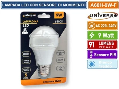LAMPADINA LED E27 9W BULB A60 CON SENSORE DI MOVIMENTO BIANCO FREDDO 6500K - Immagine 1 di 3