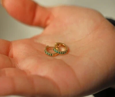 Simulated Round Cut Green Emerald Anniversary Hoop Earrings In 10K Yellow Gold - Image 1 of 4