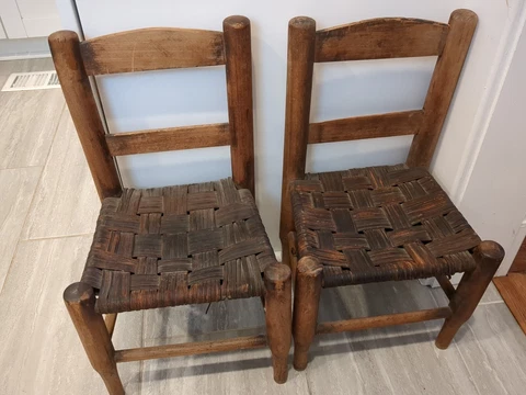 Antique Early 1800s Primitive Child 2 Wooden Chairs Intricate Hand Woven Leather Cover