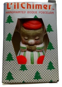 Ratón adorno de Navidad Jasco L'il Chimer con gorra de Santa, campana de porcelana Bisque - Imagen 1 de 5