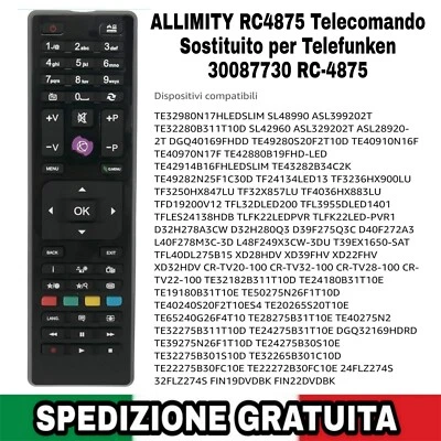 RC4875 Telecomando Sostituito per Tv  Telefunken 30087730 RC-4875 - Immagine 1 di 4
