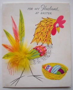 Hahn mit Eiern echte Feder Vintage Ostern Grußkarte *SS23 - Bild 1 von 3