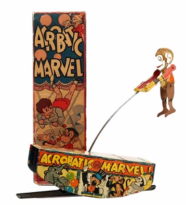 Vintage Louis Marx & Co. Tin Litho Windup Acrobatic Marvel Rocker w/ Box - Picture 1 of 13