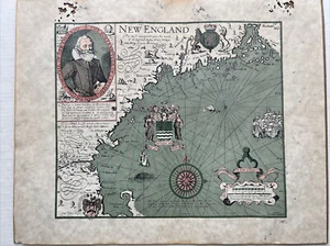 antique New England map reprint of John Smith 1616, rare, old, yellowed, AF - Picture 1 of 12