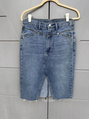 Rag Bone High Waist Distressed Denim Midi Skirt Frayed Hem Front Slit Sz 27 - Image 1 of 4