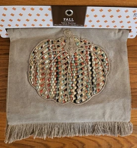 Robert Stanley Fall Tableware Linen Runner 14x72" Beige Embroidered Pumpkins NEW - Picture 1 of 9