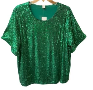 Cato 18/20W Green Full Sequin Short Sleeve Round Neck Lined Top New - Picture 1 of 4