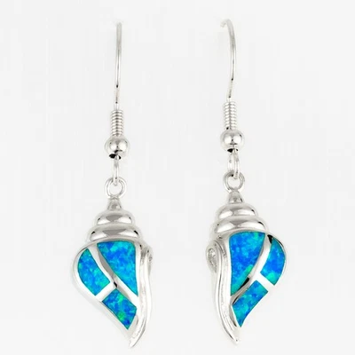 Lindos aretes colgantes caracola concha azul océano ópalo de fuego plata joyería Foto 1 de 4