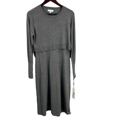 Calvin Klein Sweater Dress Gray Layered Look Wool Knit Blend Size Medium New - Image 1 of 4