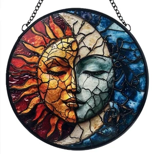 Sun and Moon Decor Suncatcher Stained Glass Window Hanging - Handmade Stained... - Foto 1 di 7