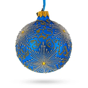 Sparkling Jeweled Snowflakes on Blue Glass Ball Ornament 3.25 Inches - Picture 1 of 4