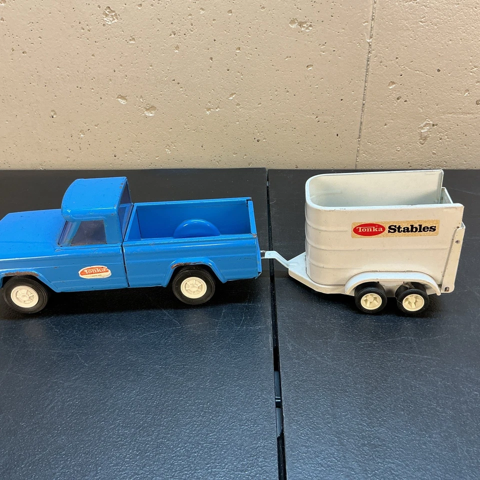 "Camioneta pick-up Jeep Tonka azul vintage años 60 9"" acero prensado + remolque" Foto 1 de 4