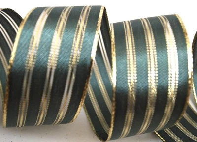 5 Yards Green Gold Stripe 1 1/2" Wired Ribbon Christmas 5 Yds - Image 1 of 2
