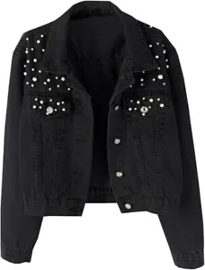 Cappotto jeans Kedera donna oversize denim giacca ricamato perle perline taglia XL - Foto 1 di 2