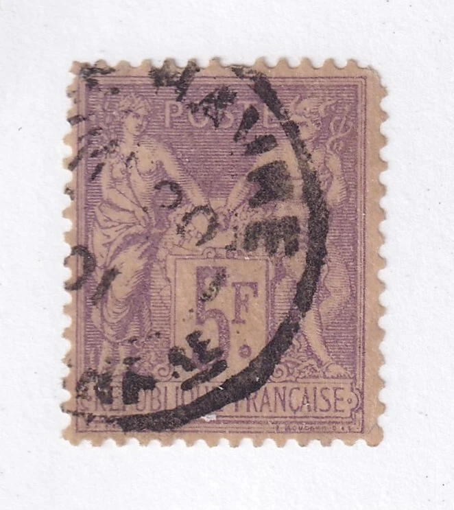 MATT'S STAMPS FRANCE #96 PEACE AND COMMERCE 5-FRANC 1877-78 ISSUE, USED CV$70 - Image 1 of 3