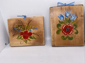 Vintage Folk Art Red and Blue Floral Wall Art - Picture 1 of 6