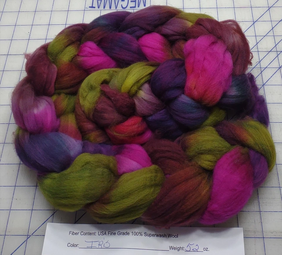 Superwash Fine Wool Top Roving Spinning Handpainted Dyed USA Iris - Image 1 of 1