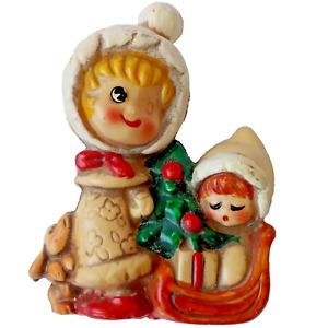 Vintage MCM Blow Mold Plastic Pie Eyed Girls Sled & DOG Christmas Ornament Japan