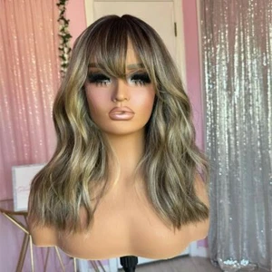 Honey Dark Blonde Balayage Wig with Bangs for Women Lace Front Human Hair Wigs - Picture 1 of 7