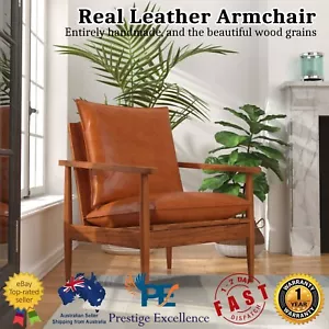 Real Leather Armchair Solid Acacia Wood Frame Handmade Vintage Living Room Chair - Picture 1 of 16