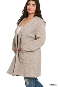 Zenana Plus hooded Open Front Sweater Cardigan - Picture 1 of 12