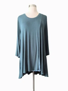 LOGO Lori Goldstein Top Tunic Knit Teal Green Blue Slit Stretch 3/4 Sleeve LARGE - Picture 1 of 8