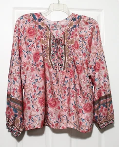 Womens L Pink BOHO Mixed Floral Print Woven Blouse Top NWT - Picture 1 of 4
