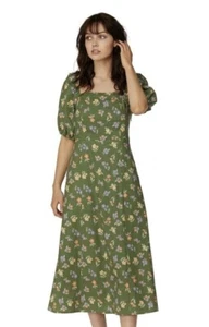 Princess Highway Posie Linen Blend Midi Dress Size 8 Green Floral Puff Sleeve - Bild 1 von 11