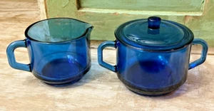 Vintage 1980s–90s Cobalt Blue Glass Creamer & Sugar Bowl Set with Lid - Picture 1 of 12