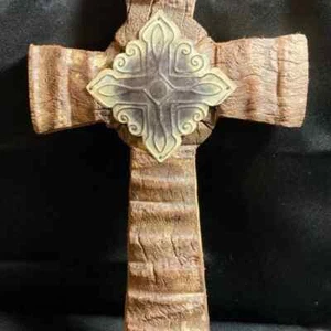 Solid Wooden Cross with Metal Emblem 18" x 11" x 2" - Picture 1 of 2