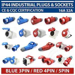 32A 16A BLUE 3PIN RED 4PIN/5PIN INDUSTRIAL PLUGS & SOCKETS 3 PHASE 3P+N+E IP44 - Picture 1 of 79