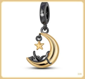 Genuine 925 Sterling Silver Fashion Charm 3D BLACK CAT MOON DANGLE 13mm x 12mm - Picture 1 of 1