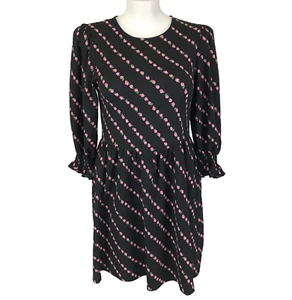 Miss Selfridge Dress Black Size 16 Pink Floral 3/4 Sleeve Gathered Cottagecore - Picture 1 of 14