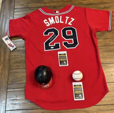 Autographed/Signed JOHN SMOLTZ Atlanta Red Baseball Jersey & Baseball JSA COA - Image 1 of 4